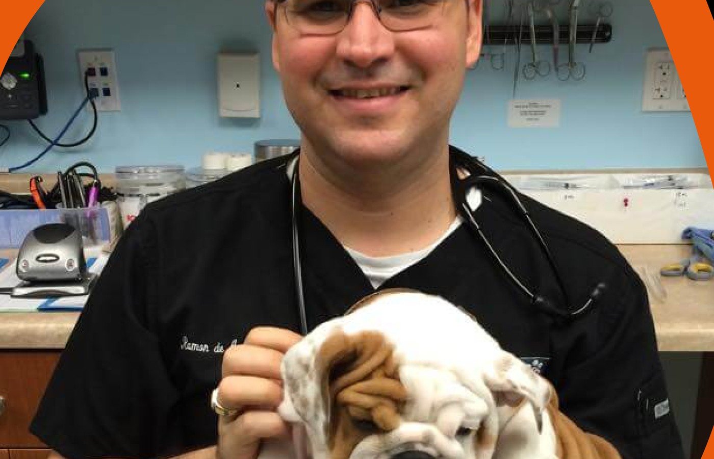 Dr. de Armas with a bulldog puppy